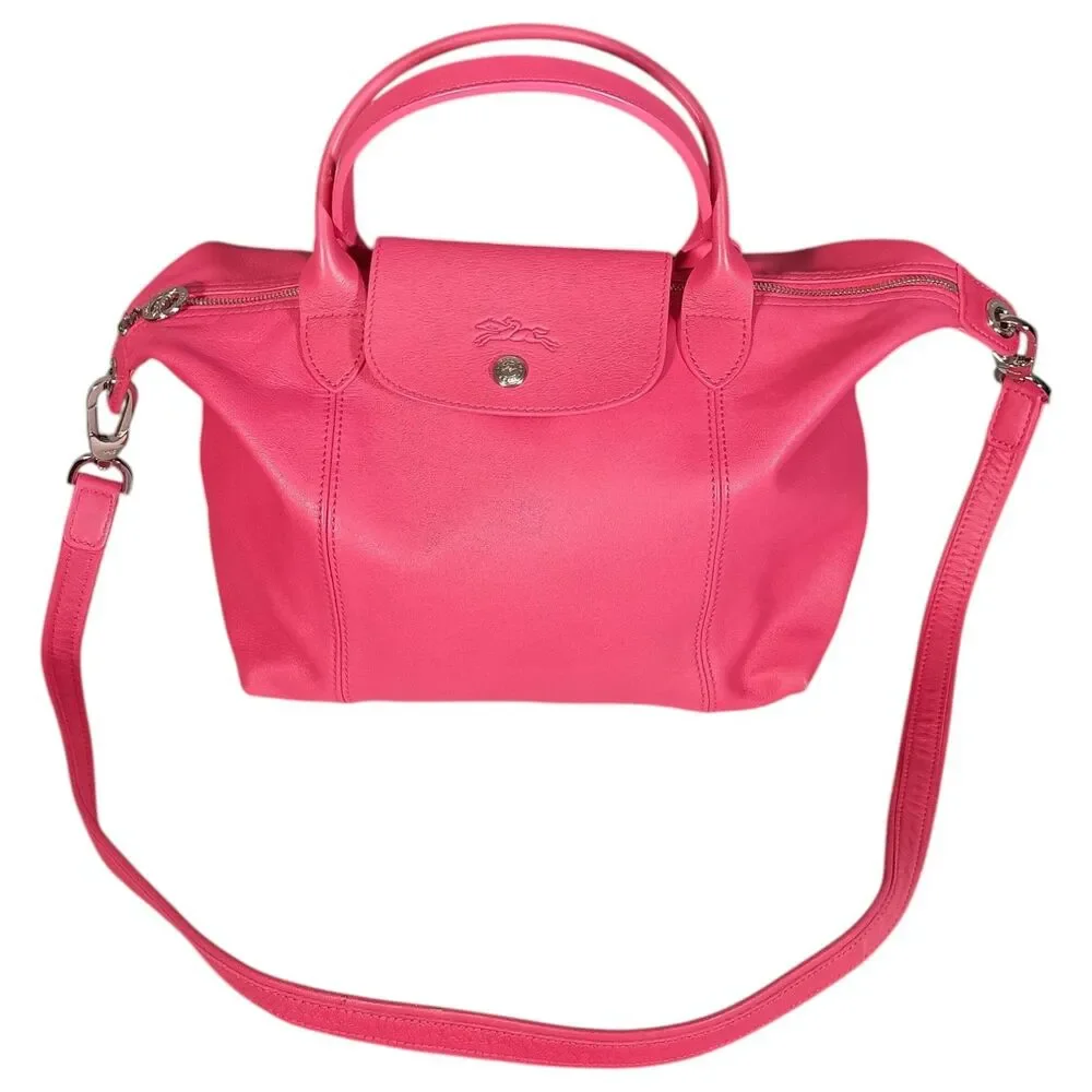 Longchamp Le Pliage Cuir 2-Way Leather Tote Shoulder Bag Pink - Picture 3 of 16